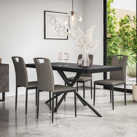 Donni Dining Table And Chairs - Black Table Top w Black Legs + Monza Faux Leather Dining Chair Set Of 4 (Grey) (1/5)