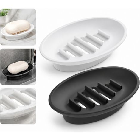 Lot de 2 Porte-Savon Forme Bateau en Silicone Noir et Blanc, 10 x 7,5 x 2 cm, pour Lavabo Salle de Bain Douche Baignoire et Cuisine (1/5)