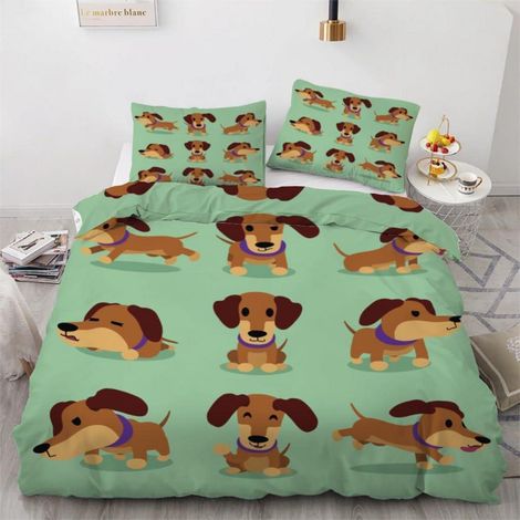 Bettwäsche-Set 135x200 cm 4-teilig mit Dackel Motiv, 100% Mikrofaser, Wendebettwäsche mit Reißverschluss