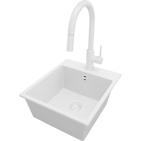 PRIMAGRAN Evier Cuisine en Granit 38x44cm, Lavabo 1 bac + Robinet 40x20cm + Kit de Vidage, Évier à Encastrer au meuble 40cm - Riga Easy, Tout Blanc