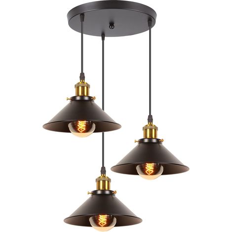 3 Lampes Suspension Industrielle Métal E27 Design Edison Câble Réglable Plafonnier Noir Pour Salon Cuisine
