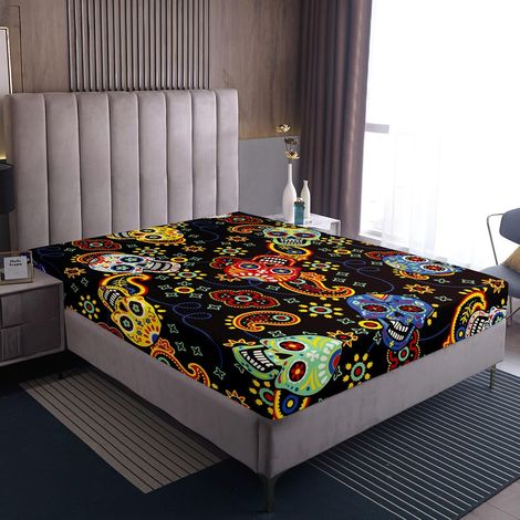 Parure de lit avec housse de couette 160 x 200 x 30 cm, motif de crâne gothique, arc-en-ciel, motif : cachemire, mandala, hippie, tribal - Pour collections - Thème d'Halloween (1/2)