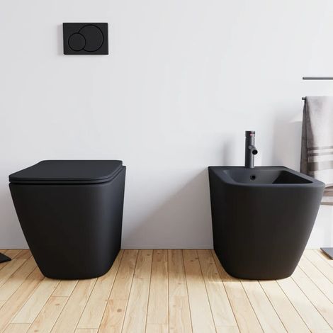 Sanitari filomuro in ceramica nero opaco vaso rimless sedile soft close e bidet Venezia