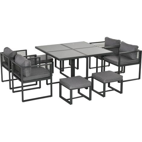 Outsunny 8 Seater Aluminium Garden Dining Cube Set w/ 4 Chairs 4 Footstools