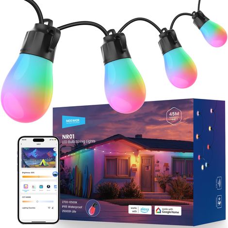 144ft Guirlande Lumineuse Extérieure,Contrôle par App AI RGB IC W Dimmable IP65 étanche pour Patio Balcon ou Jardin,45 Ampoules LED 50+ Ambiances,Compatible avec Alexa Google,NR01 (1/5)