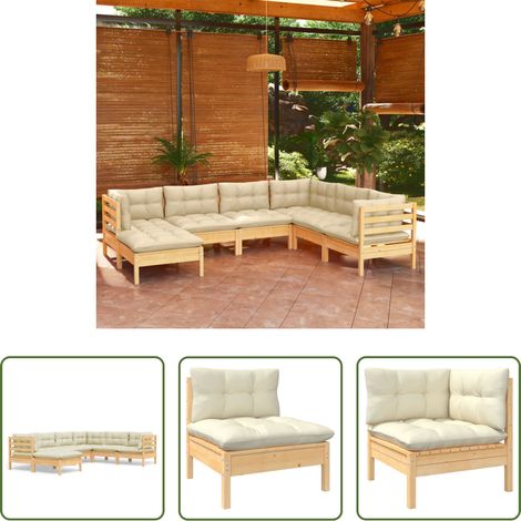 Terrassensofa - 7-tlg. Garten-Lounge-Set mit Creme Kissen Massivholz Kiefer (1/5)