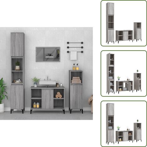 Armario de baño madera contrachapada - vidaXL Set de muebles de baño 3 pzas madera contrachapada gris sonoma - Armario de baño con patas metálicas
