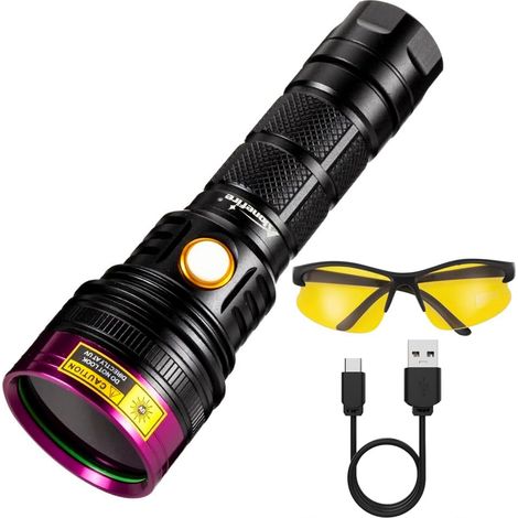 Linterna SV18 de 12 W y 365 nm, potente linterna UV, recargable por USB, luz ultravioleta negra, detector de orina para curar resina, fluoresceína con indicador de carga, batería incluida. (1/5)