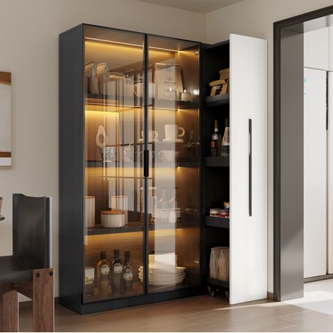 Armadio multiuso 110.5x35x160 cm nero e bianco in MDF e vetro con LED, vano estraibile e design 2 in 1 (1/5)