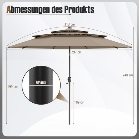 Ombrellone da giardino a 3 livelli, LED solare, inclinazione a manovella, marrone