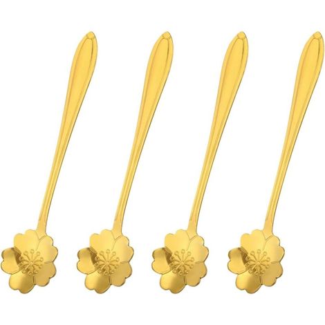 4pcs Inox Acier Fleur Cuillères 5 pouce Cerise Fleur Forme Café Cuillère Petit Cuillère Café Dessert Cuillère pour Expresso Sucre Gâteau, Or