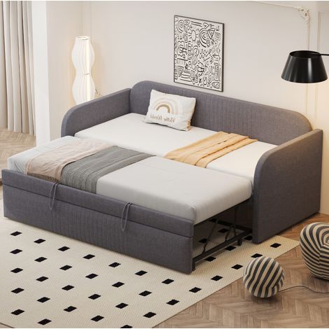 Canapé-lit en tissu lin gris 90x190/180x190 cm extensible avec sommier à lattes inclus (1/5)
