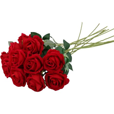 ® 12 pièces Roses artificielles, Roses Rouges, Fleurs artificielles avec Longues tiges en Plastique pour Mariage, décoration d'intérieur (1/5)