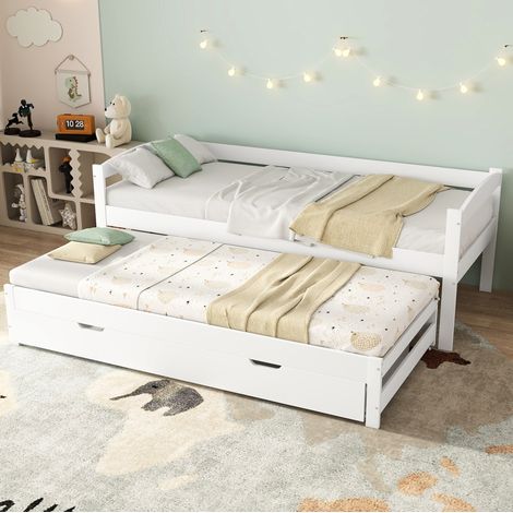 Cama nido 200/90 cm de madera blanca con cama extraíble 190/90 cm y 2 cajones (1/5)