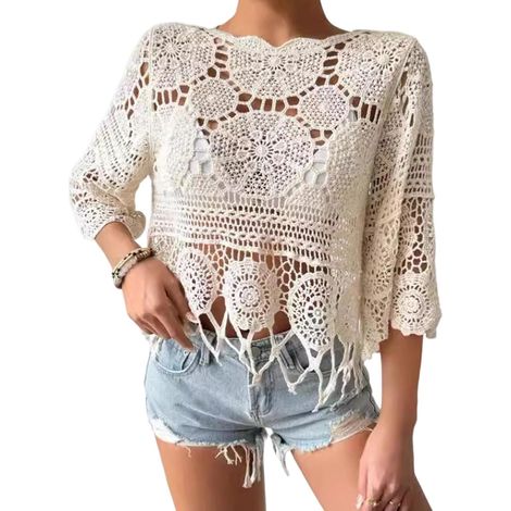 Chemise de Couverture de Plage en Dentelle tissée à la Main, Chemisier de Couverture de Maillot de Bain Crochet en Coton Fait à la Main pour la Plage, Bain de Soleil, Chemise de (1/5)