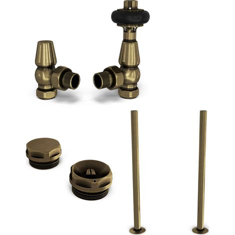 Signature Wooden Head - Thermostatic Radiator Valve & Installation Kit - Antique Brass Angled 15mm
