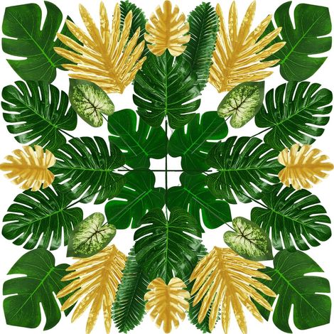 Lot de 50 feuilles artificielles de Monstera, palmier tropical pour décorations de fête, feuilles de palmier avec tiges pour décorations de fête sur le thème de la jungle, de la plage