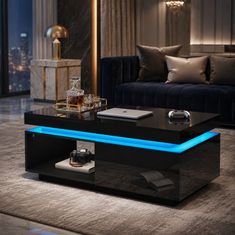 Mesa de centro LED con cajón, 100 x 50 x 40 cm, negra HAVRYA (1/5)
