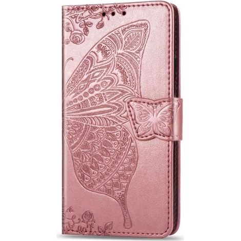 Coque pour OPPO A53S en cuir rose avec motif papillon et fente de cartes (1/4)