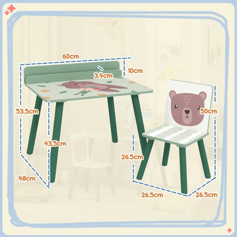Ensemble table et chaise pour enfants (avec étagère de rangement), en MDF et pin, vert (1/5)