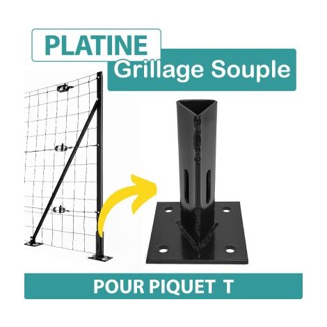 Cloture & Jardin – Platine de fixation pour piquet T – Acier galvanisé thermolaqué gris – Dimensions 10x10cm, hauteur 14,5cm – Fixation par vis béton 8x75mm