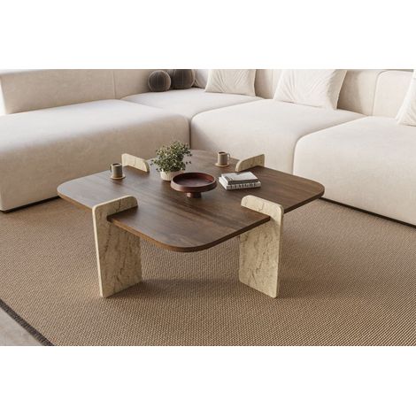 Japandi Couchtisch Walnuss mit Travertin – Melamin – 90 x 90 cm –