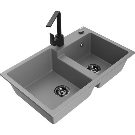 Mexen Tomas 2-Becken-Granitspüle mit Mischbatterie Rita, Grau - 6516-71-670300-70-B (1/5)