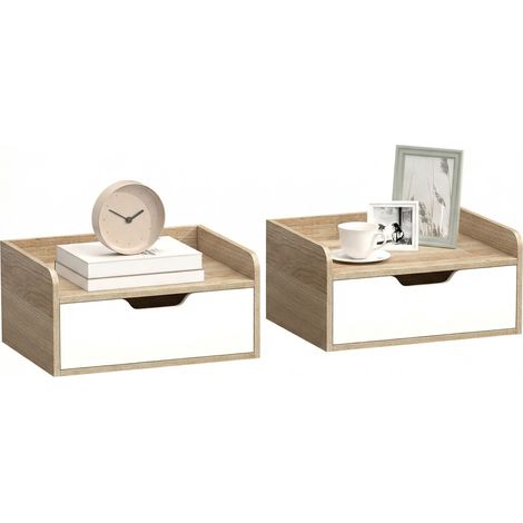 Set aus 2 wandmontierten Nachttischen mit Schublade, erhöhter Tischplatte und Naturholz-Design, Maße 40 x 30 x 19,5 cm