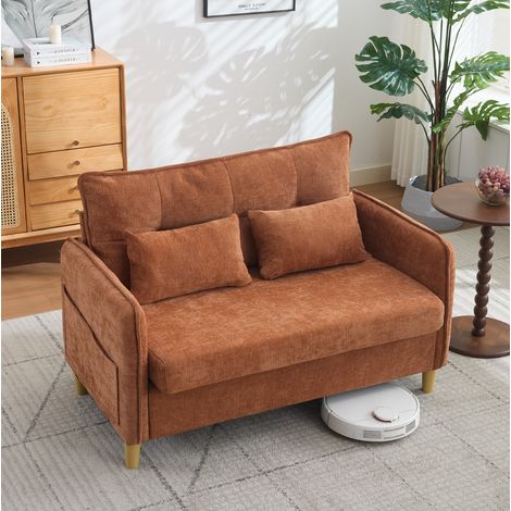 Sofá de 2 plazas 127 cm en chenilla con bolsillos laterales, cojines incluidos, marrón HAVRYA (1/5)
