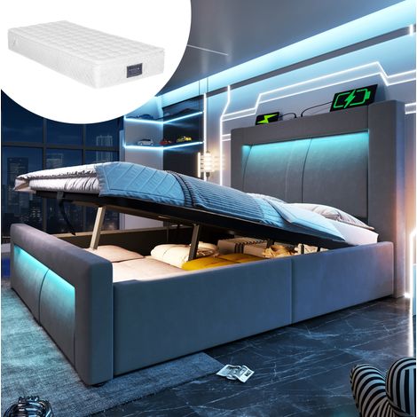 Cama con almacenamiento 90x200 cm con almacenamiento bajo somier, LED, puertos USB y Type-C, en terciopelo gris, colchón incluido (1/5)