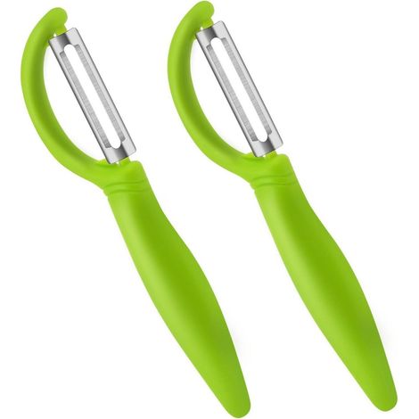 Set de 2 éplucheurs universels en acier inoxydable, épluche-légumes et fruits, design ergonomique en I (1/5)