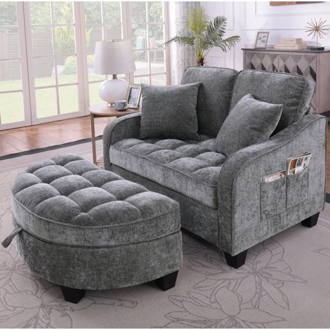 Divano letto 132x129x93 cm, trasformabile in letto, con pouf contenitore, tessuto traspirante, eucalipto, grigio scuro (1/5)