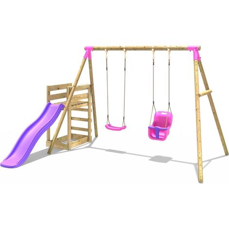 Wooden Double Swing Set with Baby Seat and Slide - Luna Pink