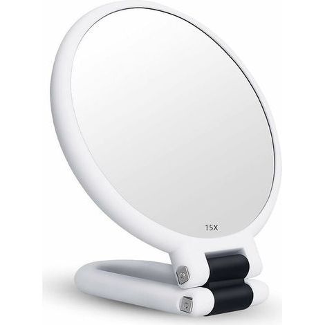 Miroir cosmétique double face grossissement 15x/1x, miroir de poche avec poignée/support pliable, miroir de voyage pour filles, miroir de poche portable, suspension réglable, rond de petite taille (bl (1/5)