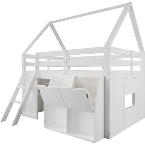 Cama alta infantil con escalera, LED, compartimentos abatibles y bolsillos de tela, blanco (1/5)