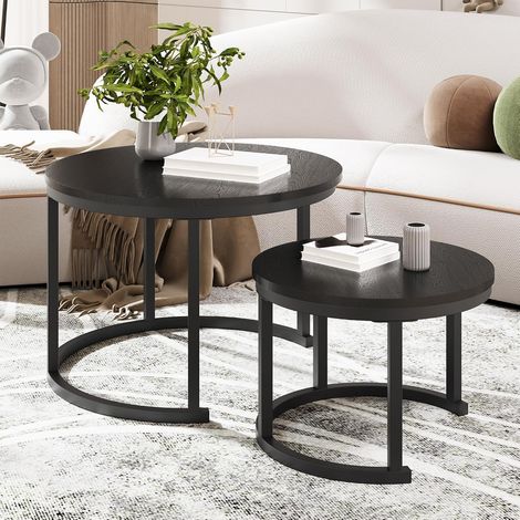 Table basse ronde, lot de 2 unités, table de café en bois, table de salon moderne, table d’appoint avec structure métallique pour salon, balcon, couleur noir (1/5)