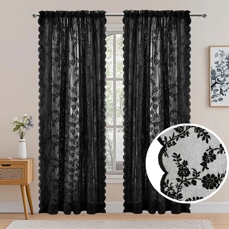 (Noir, 100x140cm) Rideaux en dentelle vintage deux pièces, longs rideaux transparents style tringle, motif floral romantique.