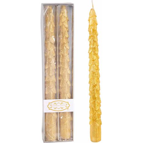 Candela stelo oro metallizzato con decori a foglie in rilievo in scatola da due pezzi, set da 8 pezzi, Ø 2 cm x 25,5 H