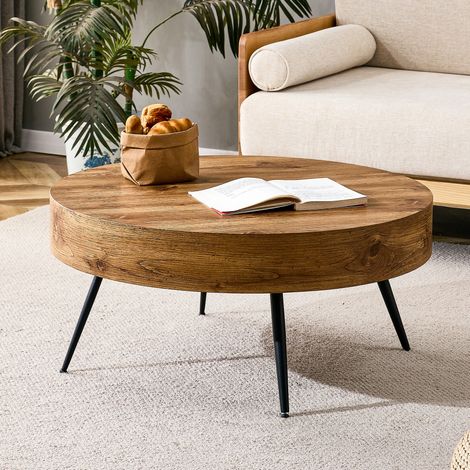 Table basse ronde 70x70x35,5 cm décor bois, pieds métal noir, design compact pour salon MEUBLIV (1/5)
