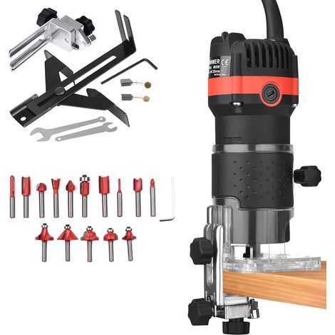 Toupie à Bois Compacte 800W 6.35mm 30000r/min Toupie à Main Portable pour Le Travail du Bois Trimmer électrique Toupie à Bois avec 15 Mèches de Toupie DIY