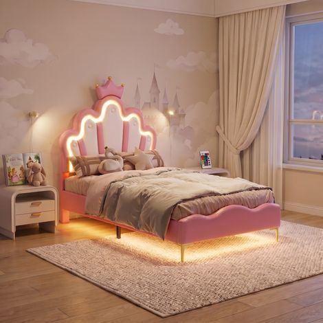 Lit simple 90x200cm princesse couronne - lit enfant fille avec led réglables, sommier à lattes - pu - rose