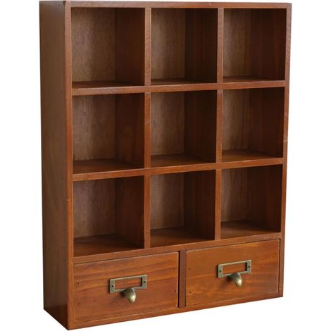 Wooden Desk Organizer with Drawers, Wooden Wall-Mounted Storage Shelf with Nine Straight Compartments and Two Drawers (1/5)