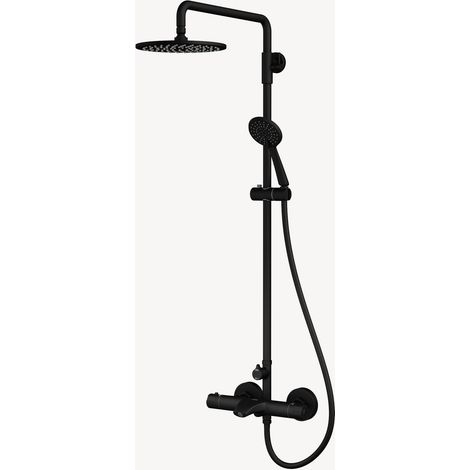 Kroos – Colonne de douche thermostatique noire mate – Pommeau pluie à picots anticalcaires – Douchette multi-jets – Bec de bain intégré (1/5)