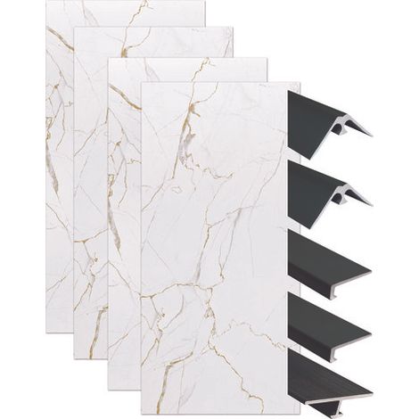 ONDEE ZEN - Pack montage 4 panneaux muraux en niche - marbre blanc 200 cm - profilés noirs (1/4)