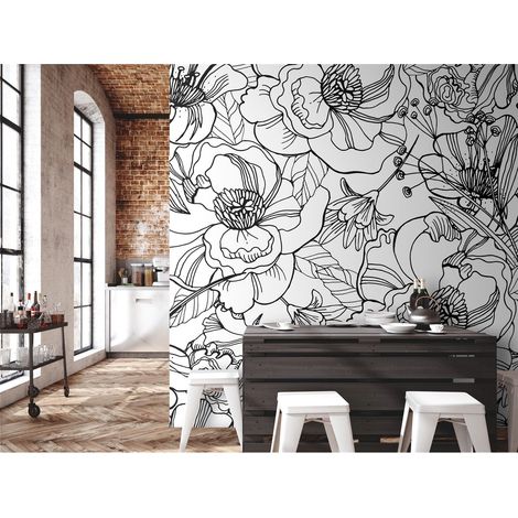 Papier peint à colorier - Fleurs fines en noir et blanc - 150 x 105 cm (1/4)