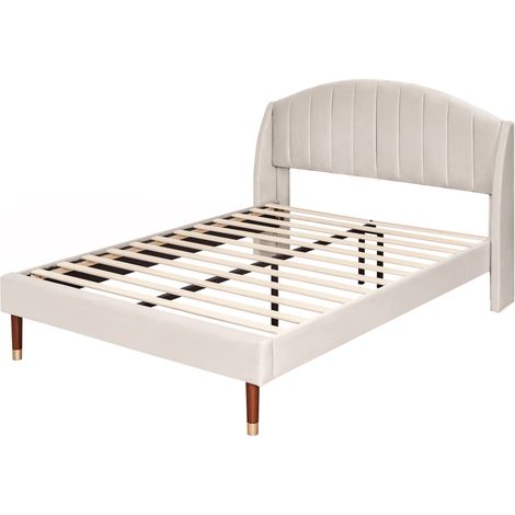 Cama tapizada 140 x 200 con somier de láminas y cabecero de terciopelo beige (1/5)