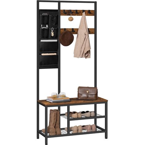 Garderobenständer, Garderobe, Kleiderständer mit 6 staschen und 9 Haken, Schuhregal mit Sitzfläche, Sitzbank, Viel Stauraum, für Flur, Wohnzimmer, HOOBRO EBF24MT01 (1/5)