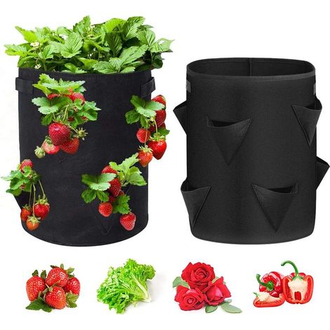SHINING HOUSELot de 2 sacs de culture pour fraises de 37,5 litres avec 8 poches latérales en tissu non tissé respirant avec poignée renforcée pour fraises, fleurs, herbes (noir),3545cm (1/5)