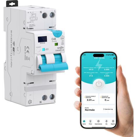 Interrupteur Différentiel 1P+N WIFI/TUYA App, Disjoncteur Automatique Réarmable Type A 6kA, Protection contre les surintensités et fuites Rail din (1-40A / 30mA) (1/5)