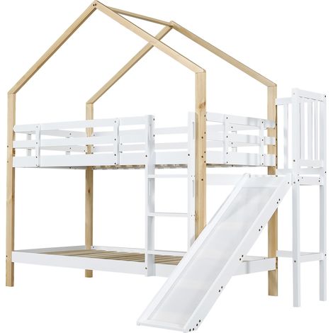 Litera infantil con tobogán y escalera de 3 peldaños madera MDF 90x200 cm blanco natural (1/5)